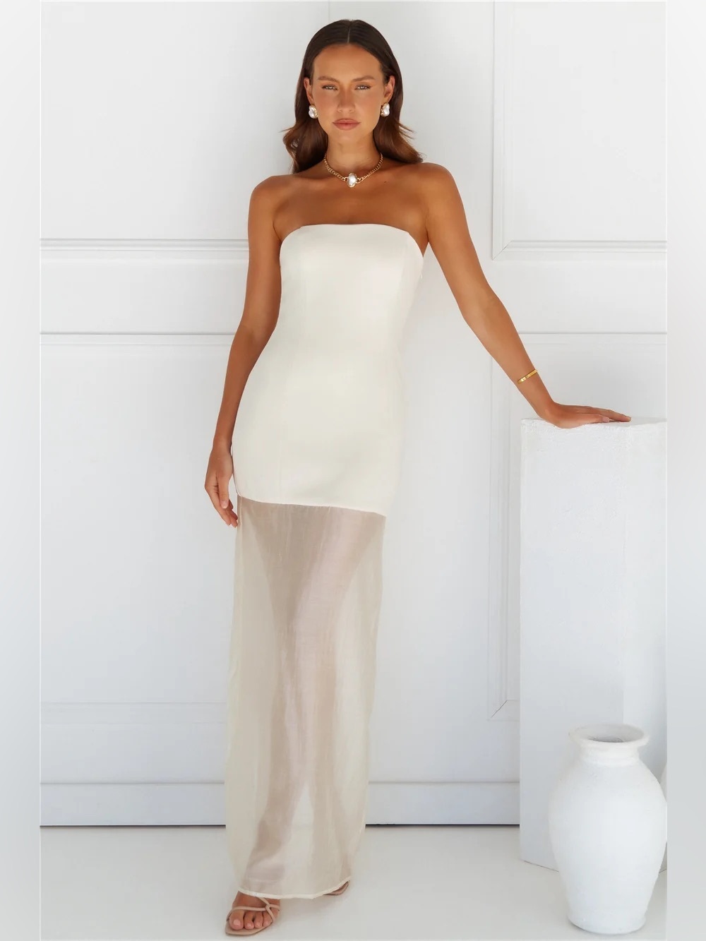 Elegant Strapless Cream Maxi Dress with Sheer Lower Skirt